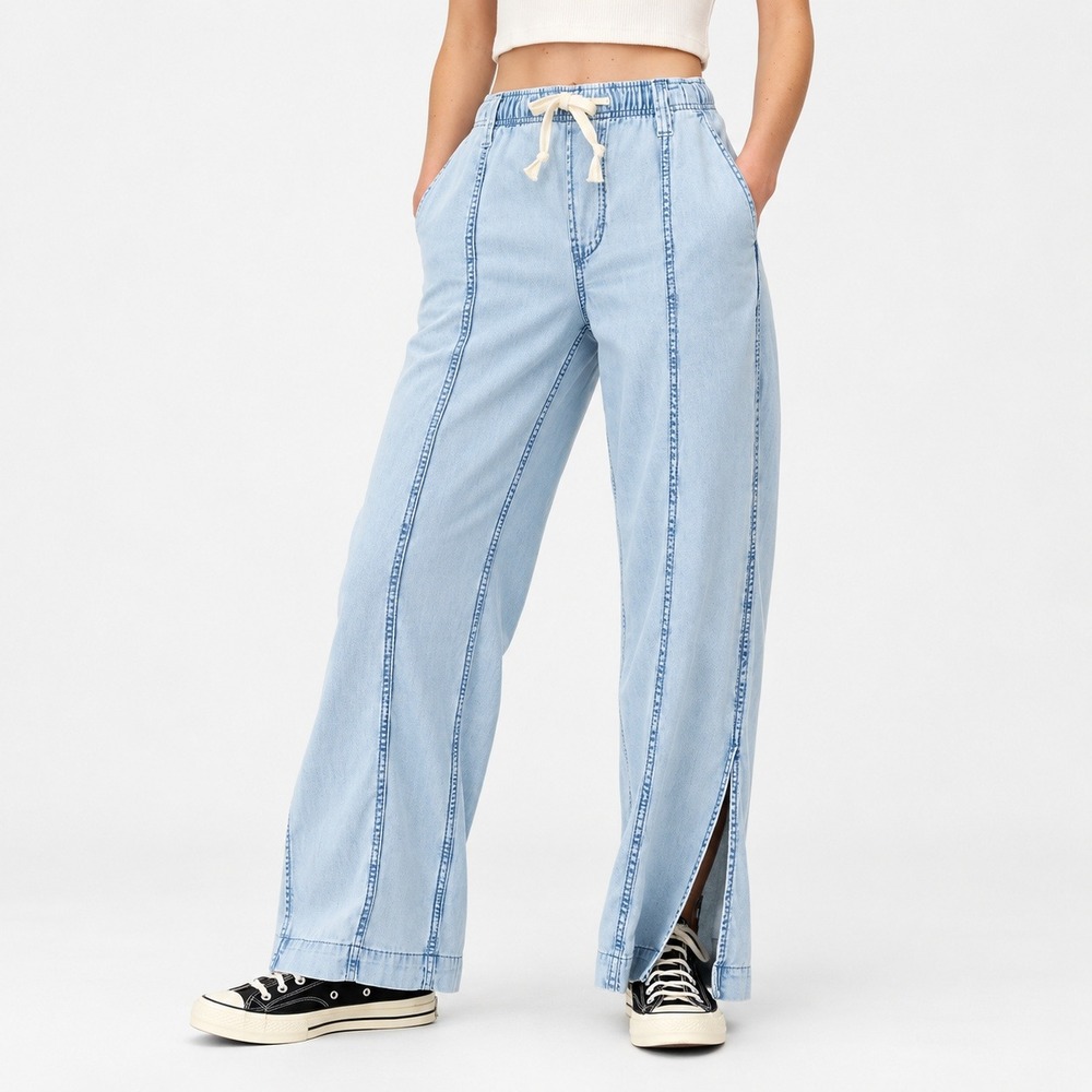 Gap Light Wash Chambray Drawstring Elastic Waist Wide Leg Pants Tall Medium